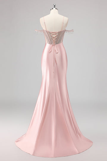 Sparkly Mermaid Cold Shoulder Beaded Long Pink Prom Dress with Slit